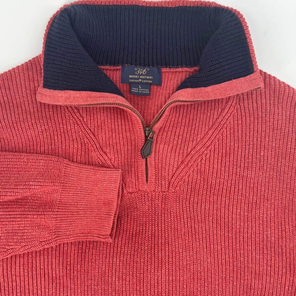 Brooks Brothers 346 Mens Large Red Supima Cotton Ribbed‎ Quarter Zip Sweater L